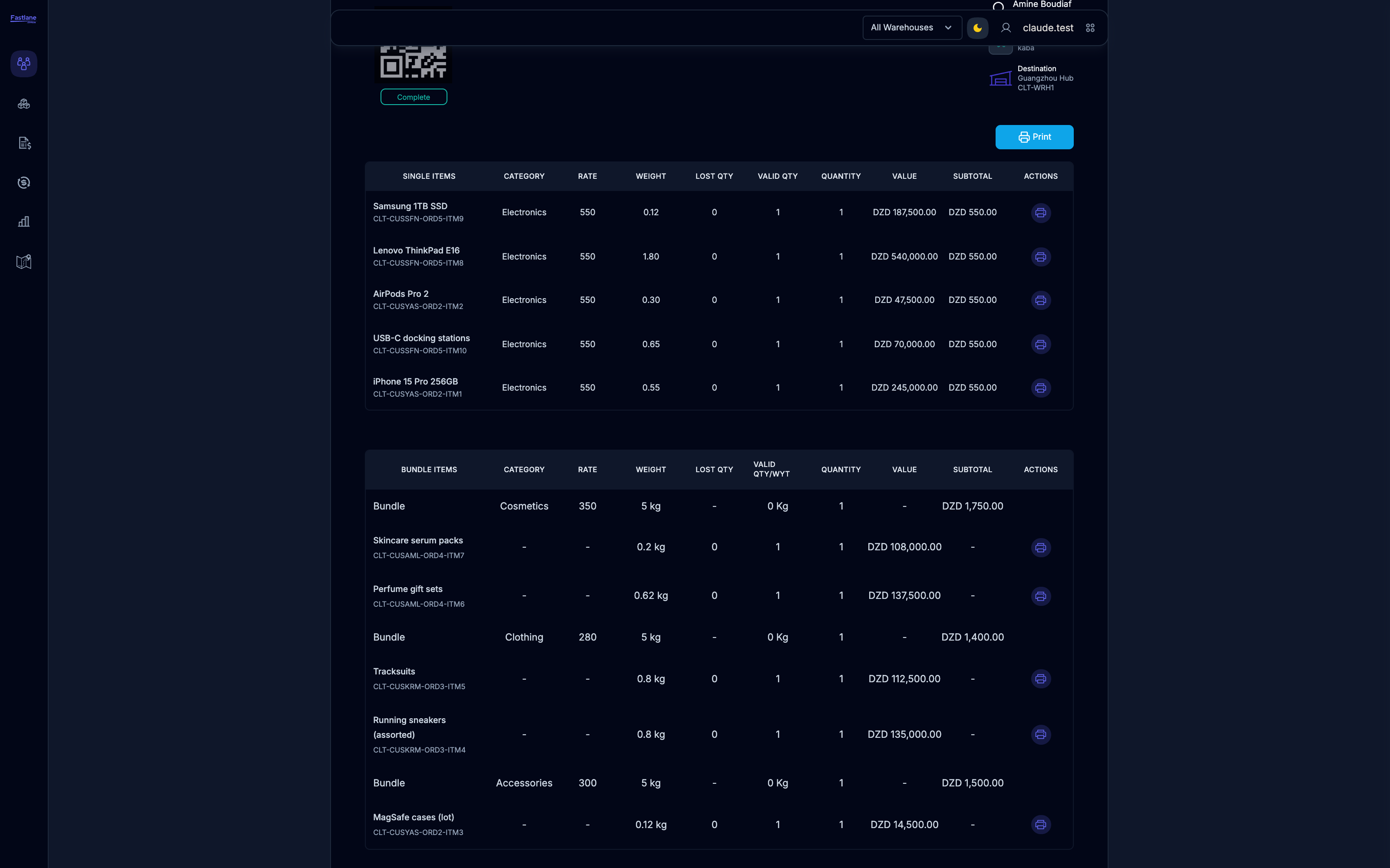 Shipment manifest